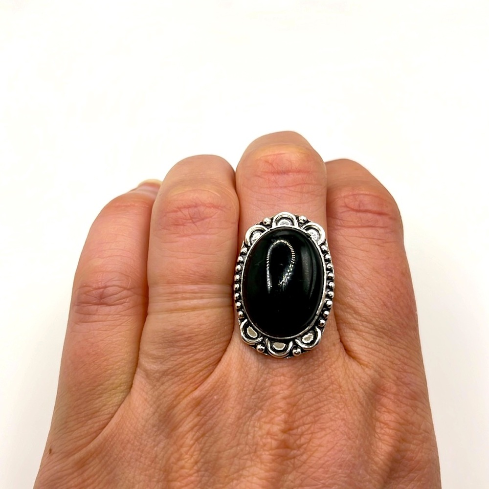 Sterling silver black onyx ring size 9 Bohemian festival ring